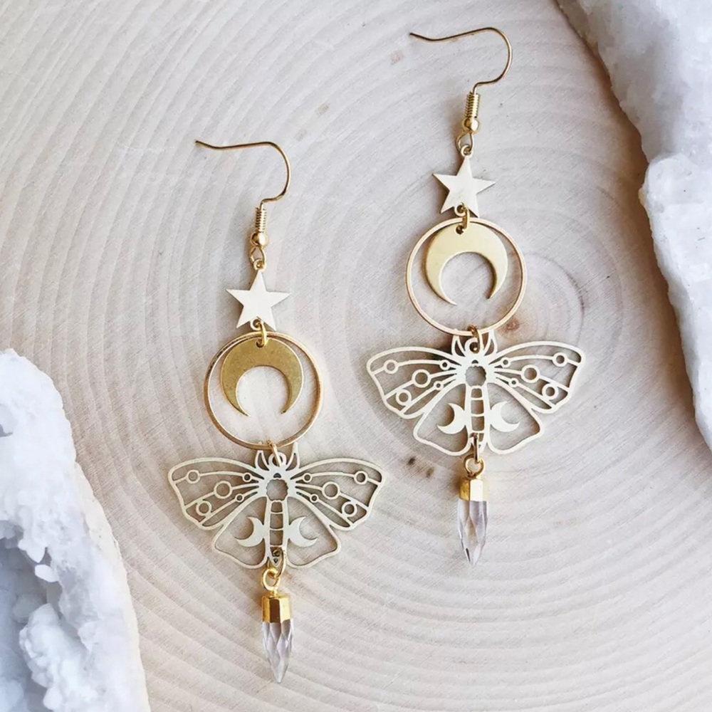 Nwot Moon Moth Quartz Luna Celestial Wanderlust Earrings